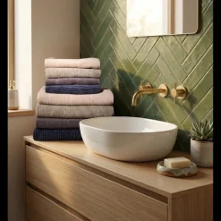 Badehåndklæde m Stribe CAMRON (70x140cm) Grøn/Beige