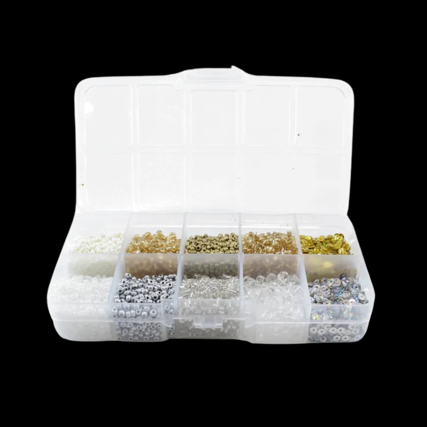 Perler i æske m/10 rum, mix guld/sølv